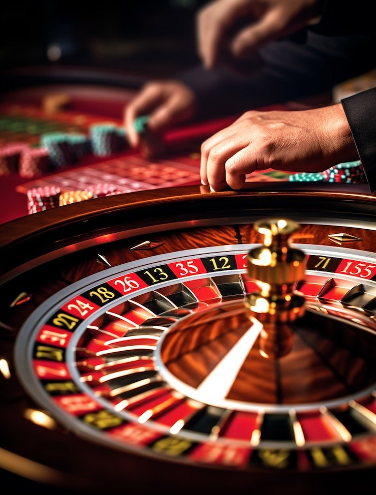 Tampilan meja kasino online dengan berbagai permainan kartu dan roda keberuntungan